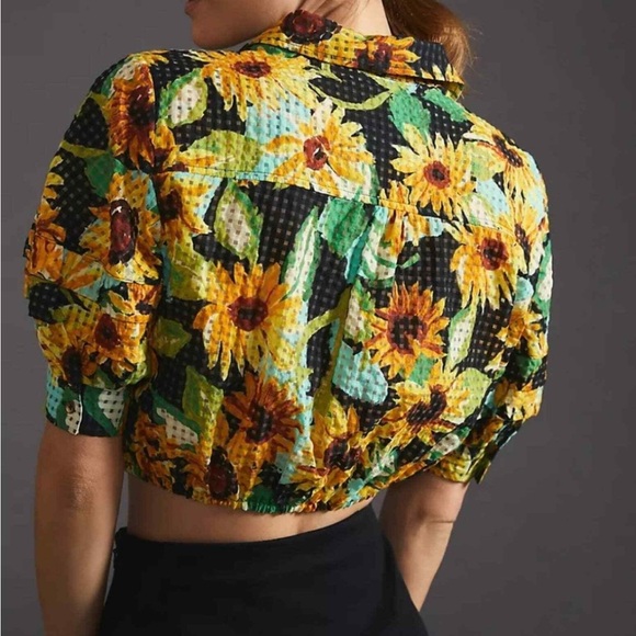 Anthropologie Sunflower Print Blouse in Yellow and Green - Picture 2 of 6